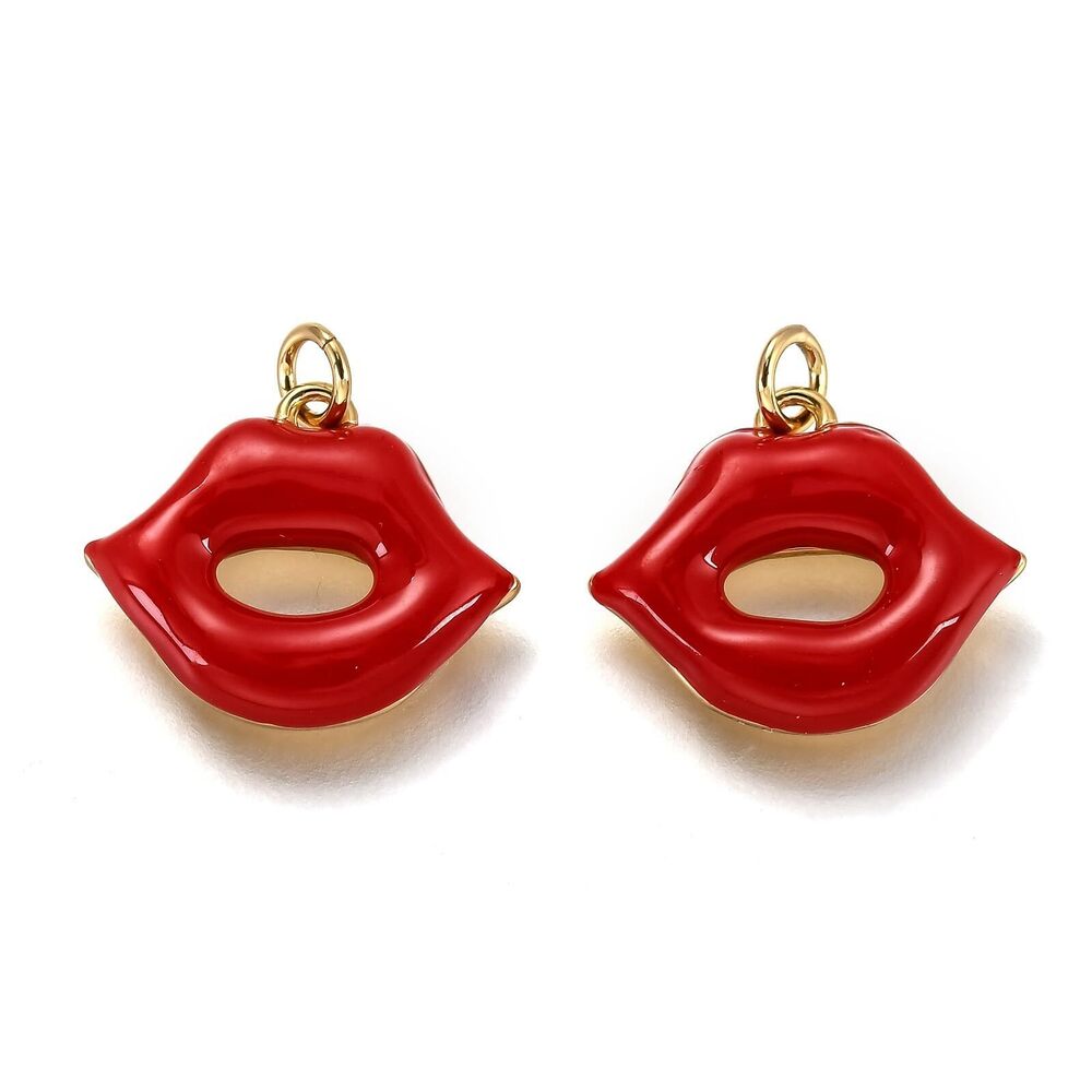 3167 5 pcs Red Lip Brass Enamel Charms Kiss Mouth Makeup Theme Charms